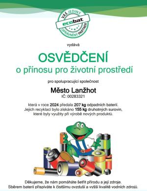 Osvědčení o přínosu pro životní prostředí za třídění baterií 1